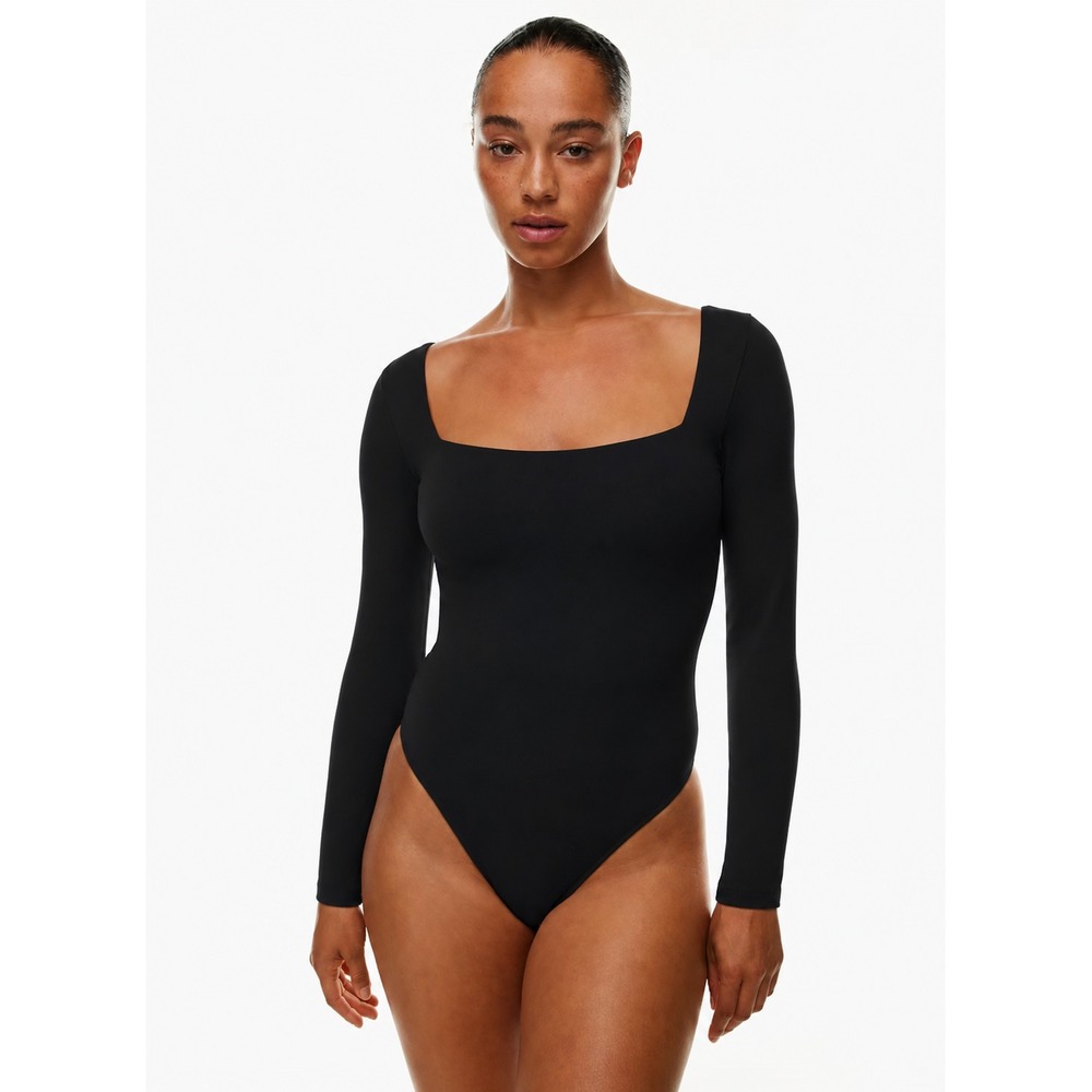 Aritzia Babaton Bodysuit Sz M Black Square Neck Long Sleeve Contour Thong Back